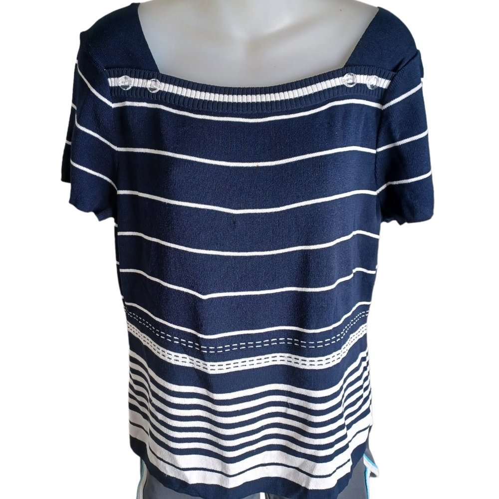 Christopher Banks Womens Striped Sweater Medium‎ Blue White Button Accents